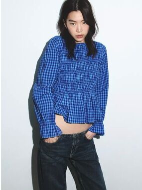 Zara Blue Gingham Checkered Smocked Peplum Blouse Size M Cottagecore Top